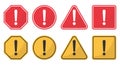 Hazard attention sign set. Collection yellow and red of signs with with exclamation mark in circle, triangle, square and polygon